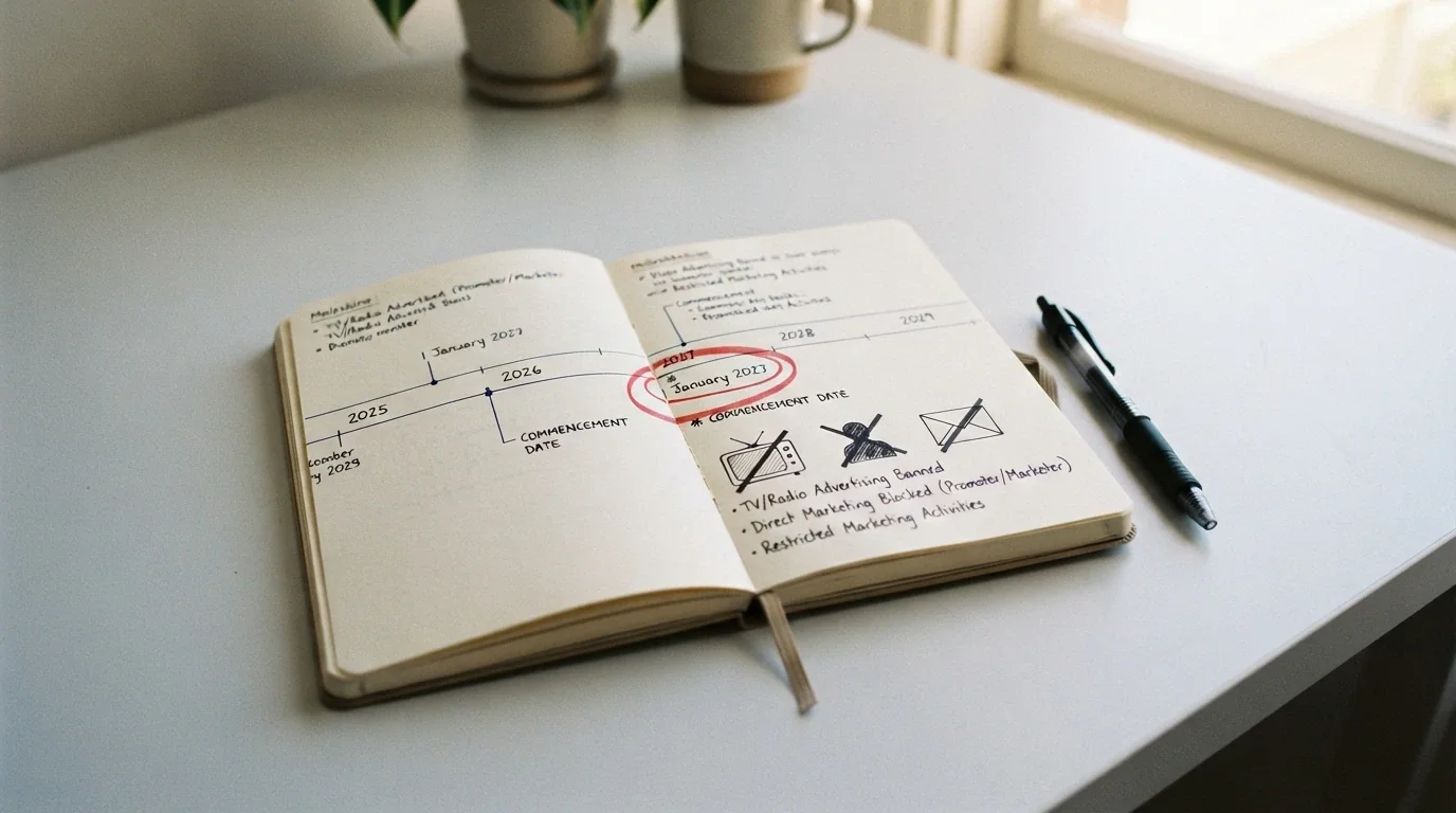 A calendar showing 1 January 2027 circled in red with three icons beneath it: a muted television, a crossed-out influencer silhouette and a blocked marketing email.