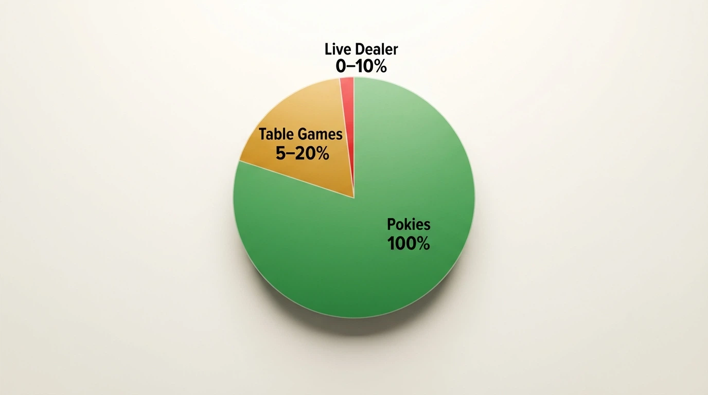 A pie chart split into three segments — a large green slice labelled “Pokies: 100%”, a small amber slice labelled “Table Games: 5–20%”, and a thin red slice labelled “Live Dealer: 0–10%”