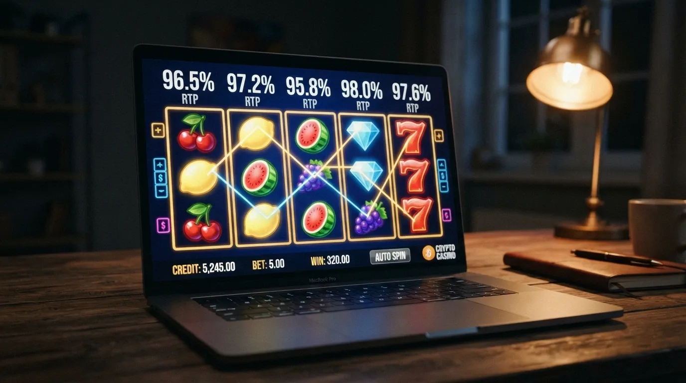 A row of online pokies with RTP percentages displayed prominently above each title, a Bitcoin symbol in the corner