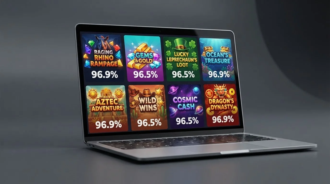 Grid of high-RTP online pokie title cards with return-to-player percentages prominently displayed beside each game's artwork
