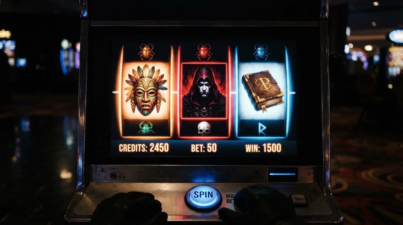 Three pokie reels in sharp focus showing high-RTP game symbols — a tribal mask (Ugga Bugga), a vampire (Blood Suckers) and a book (Book of 99) — with percentage callouts floating beside each