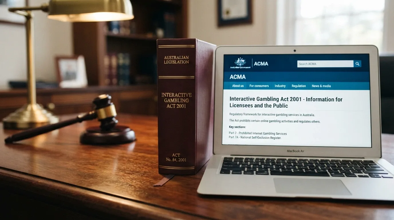 An open bound volume of Australian legislation with “Interactive Gambling Act 2001” visible on the spine, a gavel in soft focus behind it, and a laptop open to the ACMA website in the background