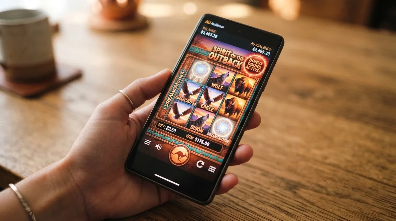 The Indian Dreaming pokies interface on a smartphone — 5 reels with outback wildlife symbols, a dreamcatcher, and the distinctive Aristocrat visual style
