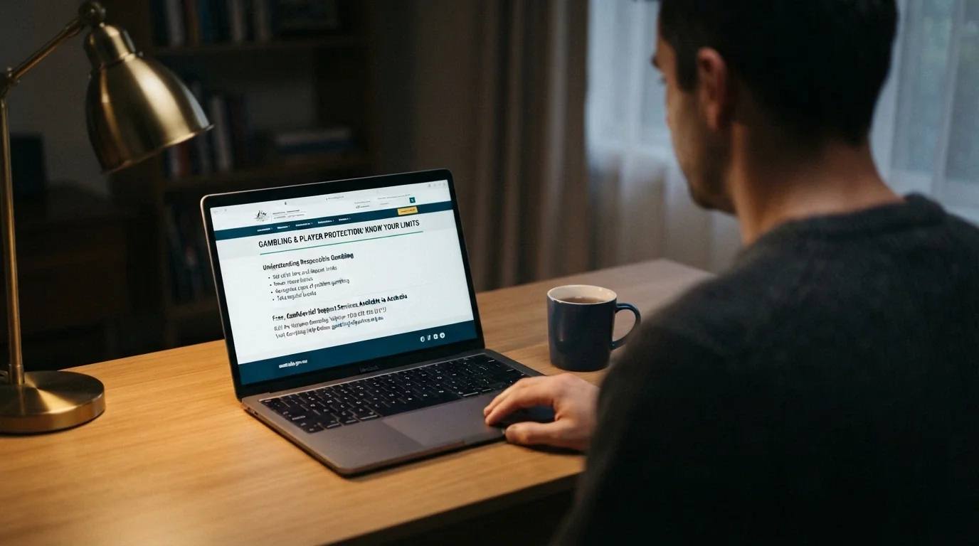 A person seated at a laptop with an ACMA consumer-information page open on the screen, weighing a decision