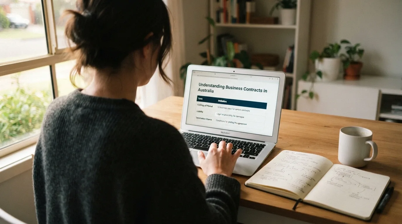 A person at a desk with a laptop, a notepad with handwritten bonus terms, and a cup of coffee — hand paused over the keyboard, not clicking.