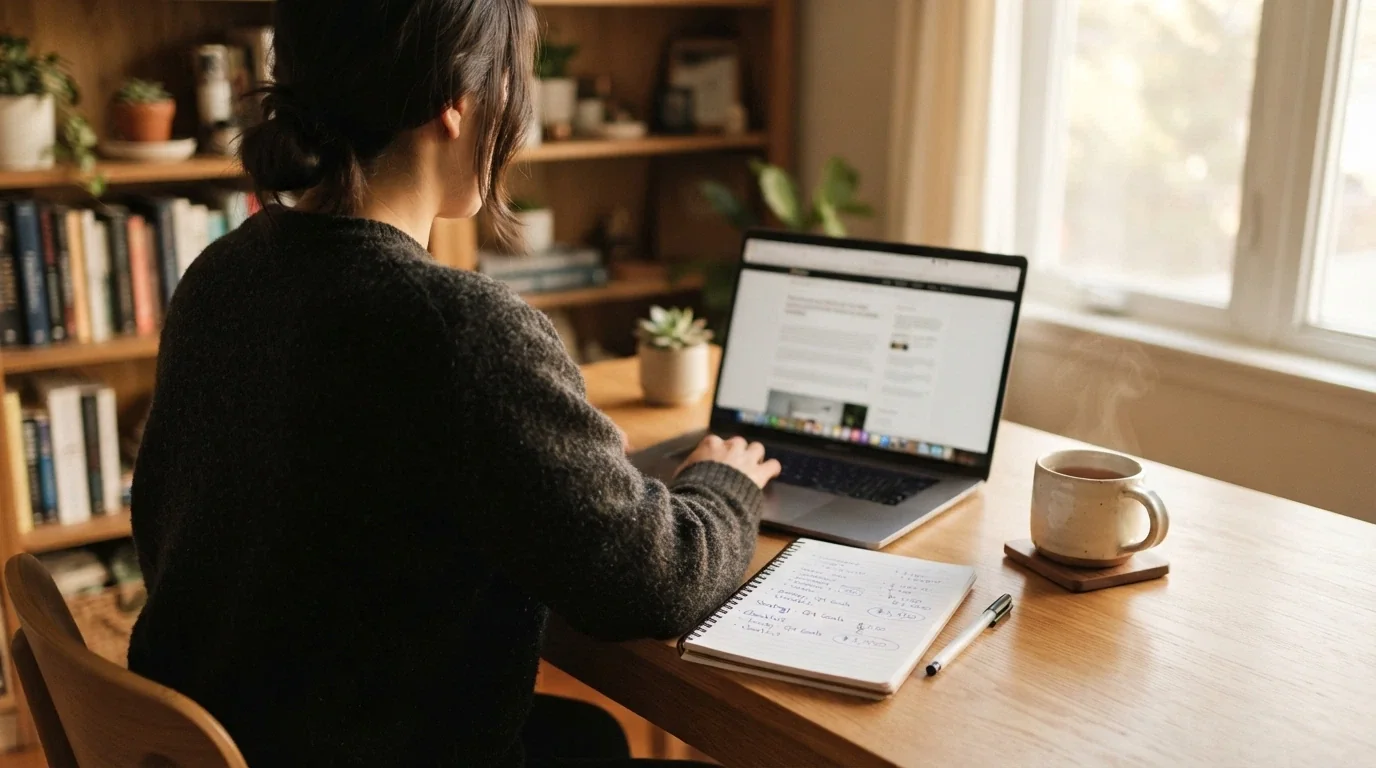 A person sitting at a desk with a laptop, a notepad listing bonus terms, and a mug — the scene is calm and deliberate, not a casino floor