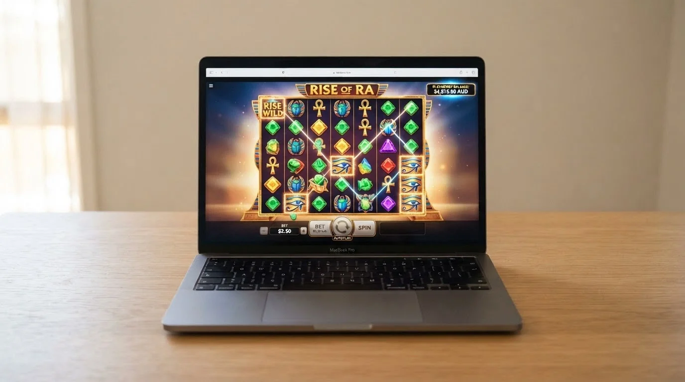 A laptop browser open to a 7-reel slot game running in demo mode with a play-money balance visible in the corner