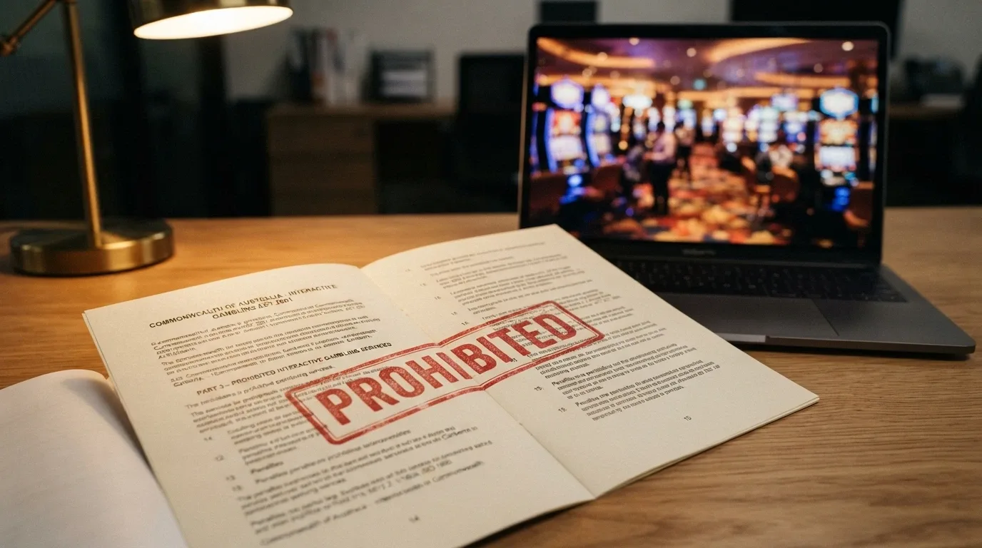 A printed copy of the Interactive Gambling Act 2001 open on a desk with a red prohibited stamp across a screenshot of an online casino lobby.