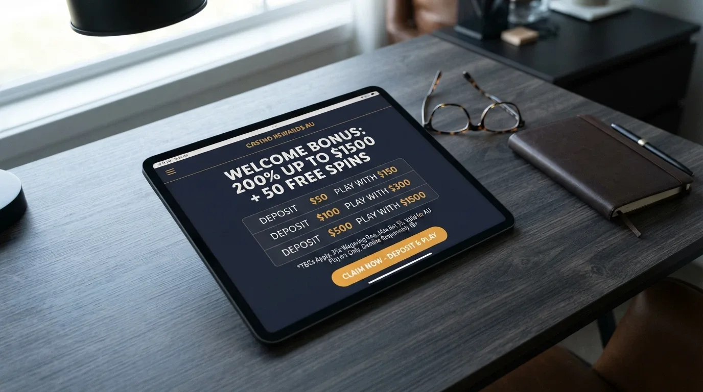An iPad screen showing a casino promotion page with a bonus offer and terms visible