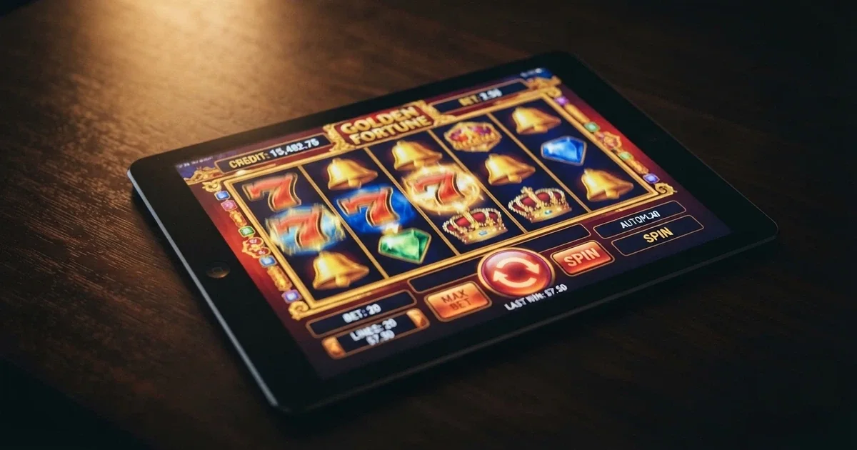 An iPad displaying a colourful online pokie game on its screen, held in landscape orientation against a dark background