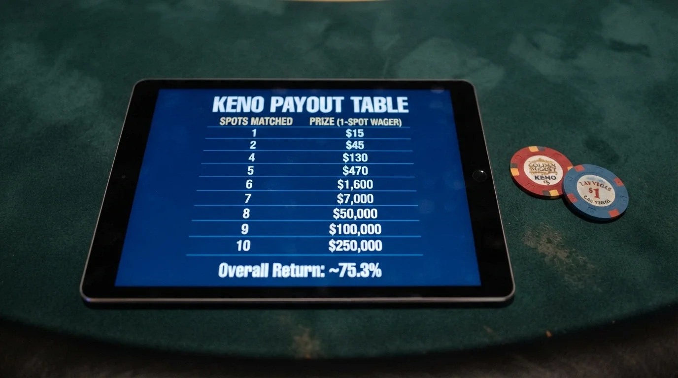 A keno payout table showing prize tiers for matching 1 to 10 spots