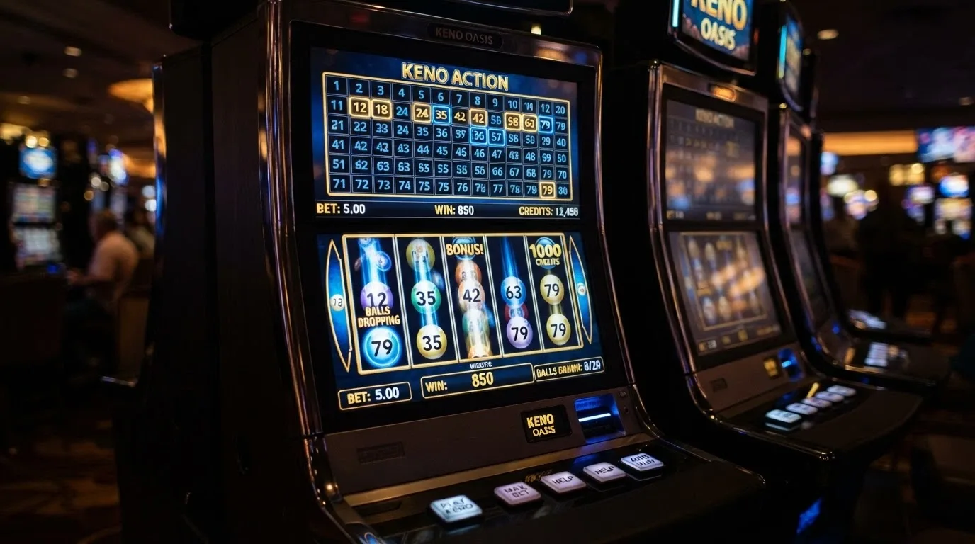 A digital keno slot machine screen with animated number balls and a spinning reel interface