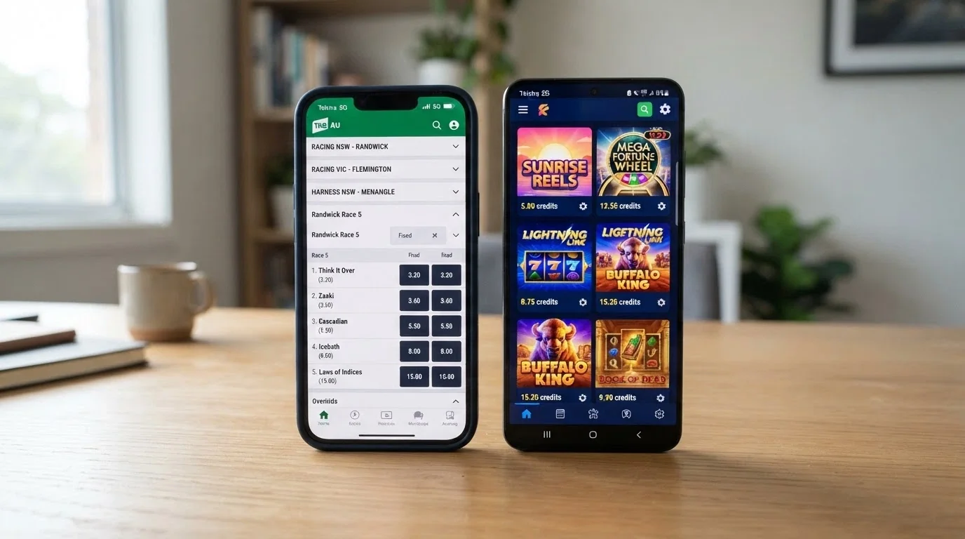 Two smartphone screens side by side — one showing a licensed Australian wagering app with racing markets, the other an unregulated pokies site with a slot lobby