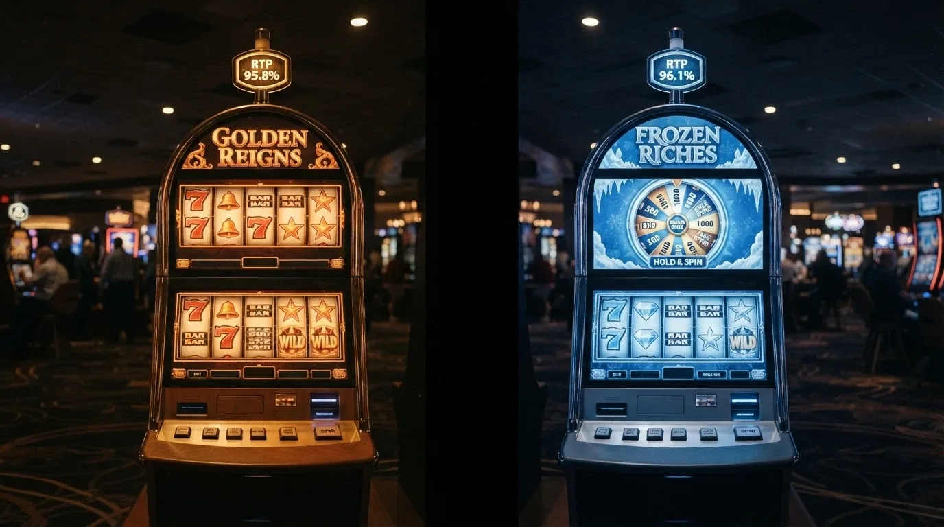 A split-screen comparison of Lightning Link and Dragon Link slot reels, with RTP percentage badges and a glowing Hold & Spin feature wheel between them