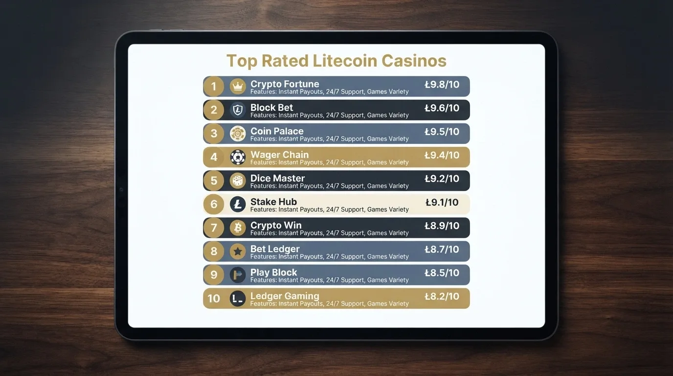 A grid of casino-branded cards arranged in a ranked list on a screen, with a Litecoin symbol beside each