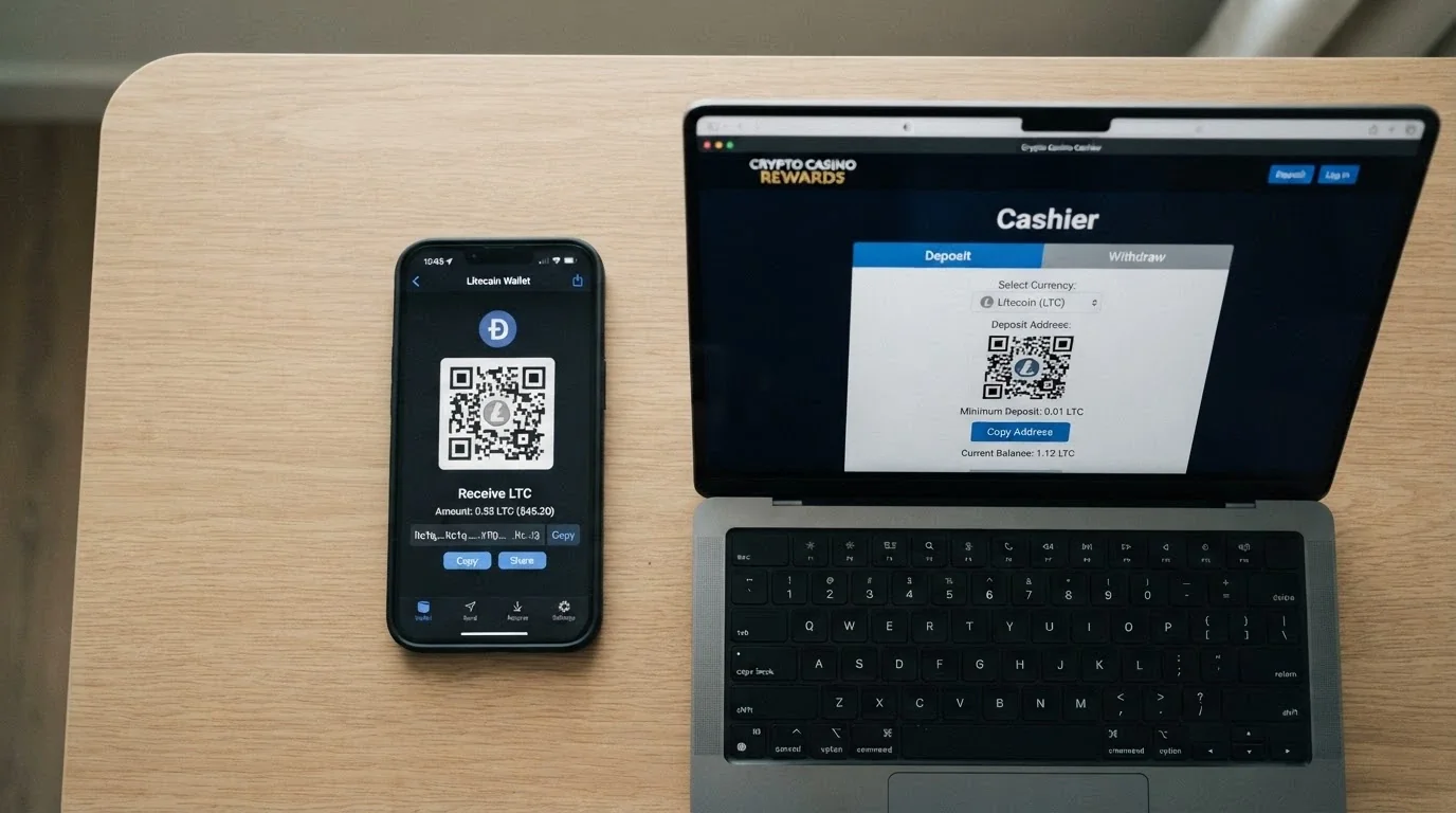 A smartphone showing a Litecoin wallet QR code beside a casino cashier screen with deposit and withdraw tabs