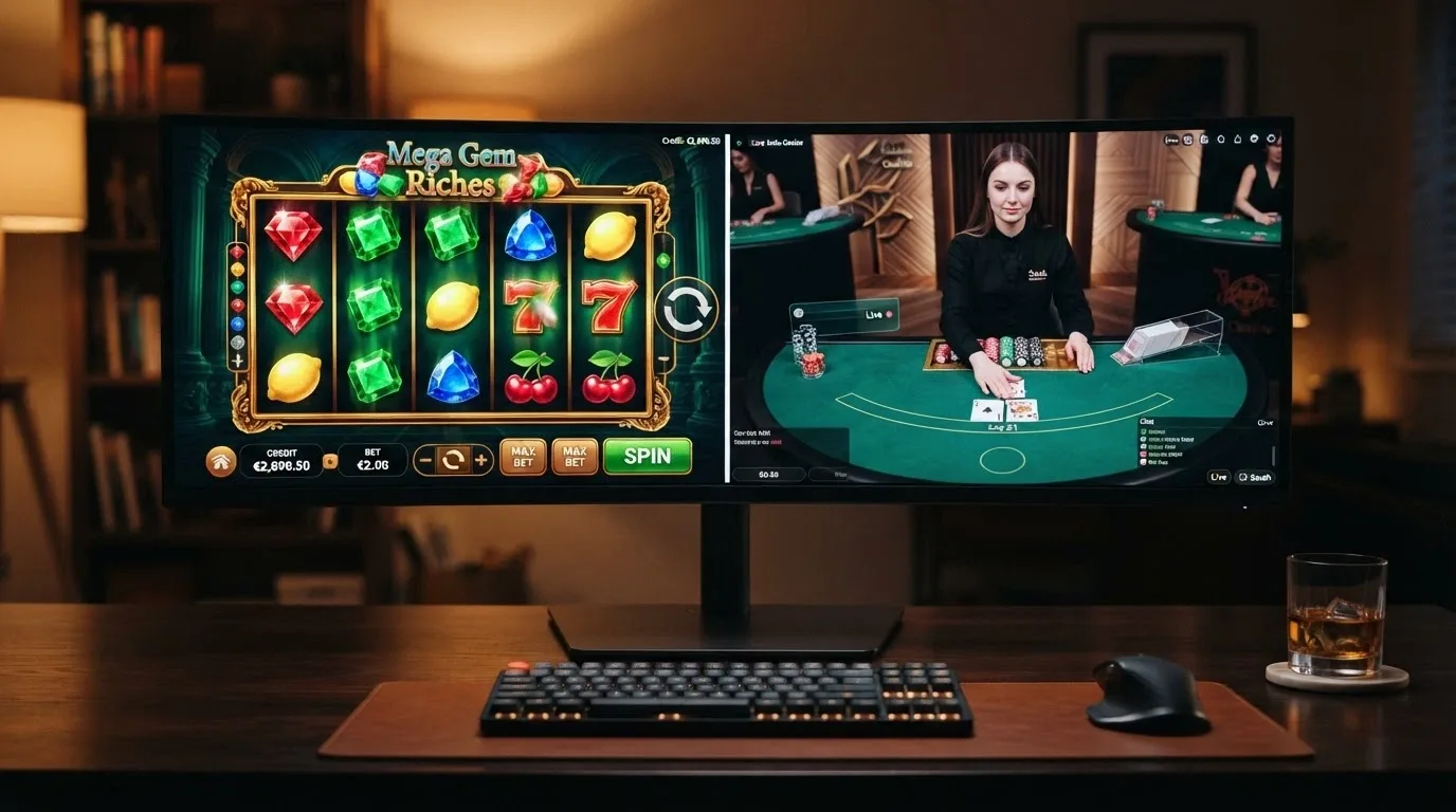 A split screen showing colourful online pokies reels on one side and a live-dealer blackjack table on the other