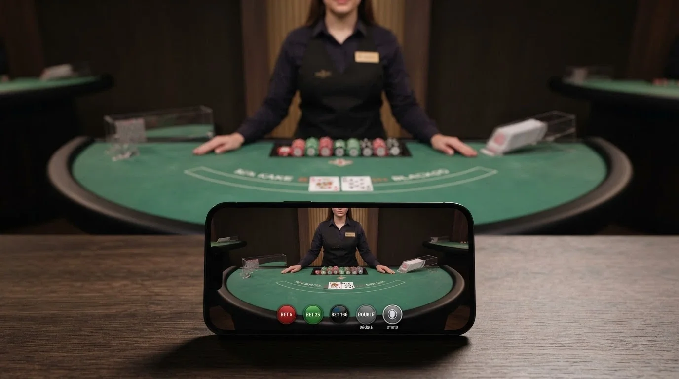 A real dealer standing behind a blackjack table streamed to a smartphone held in portrait orientation with chip-denomination buttons overlaid at the bottom
