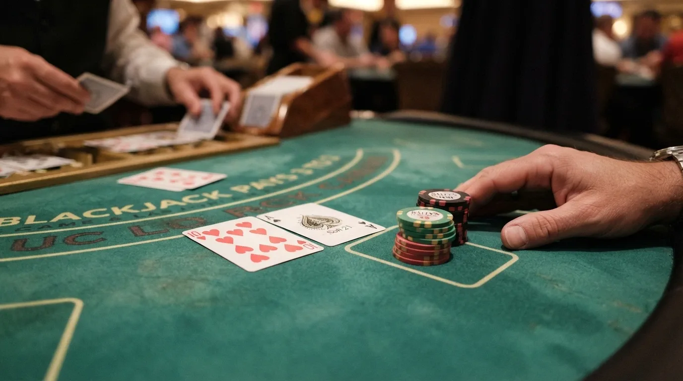 A close-up of a live blackjack table with cards, chips and a dealer's hands in frame, the game interface overlay visible