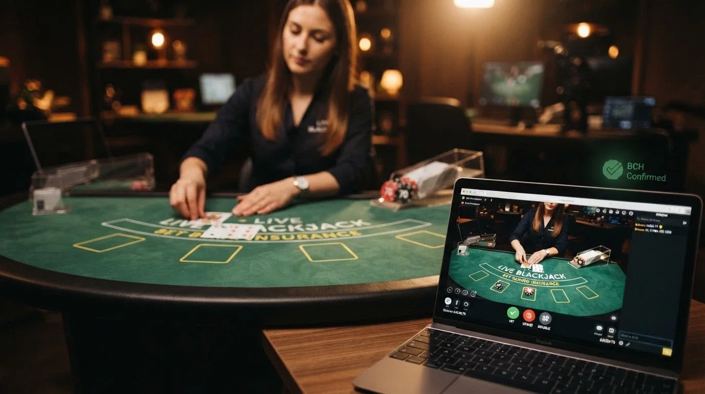 A live blackjack table with a human dealer visible, overlaid with a stylised Bitcoin transaction confirmation