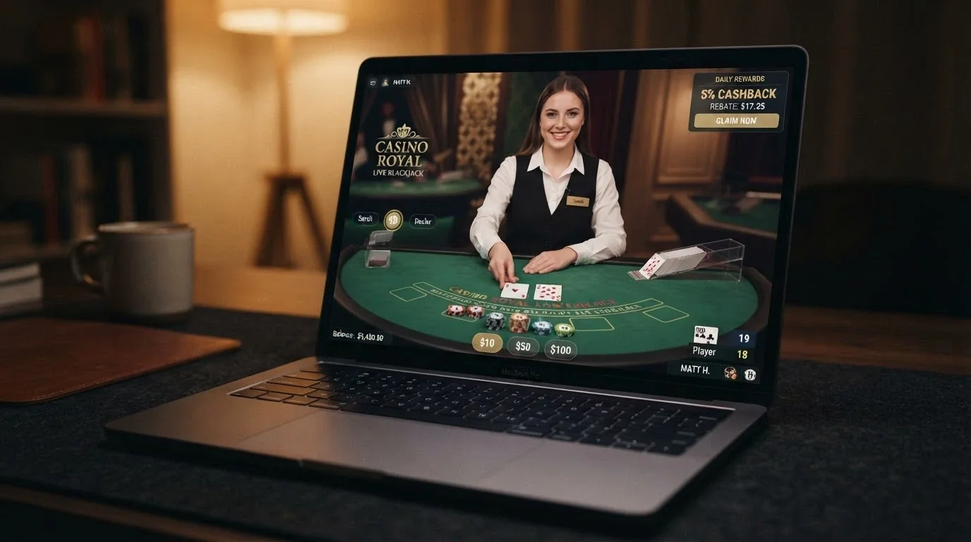 A live-dealer casino table from the player's perspective — cards, chips and a dealer on screen, with a cashback notification overlay