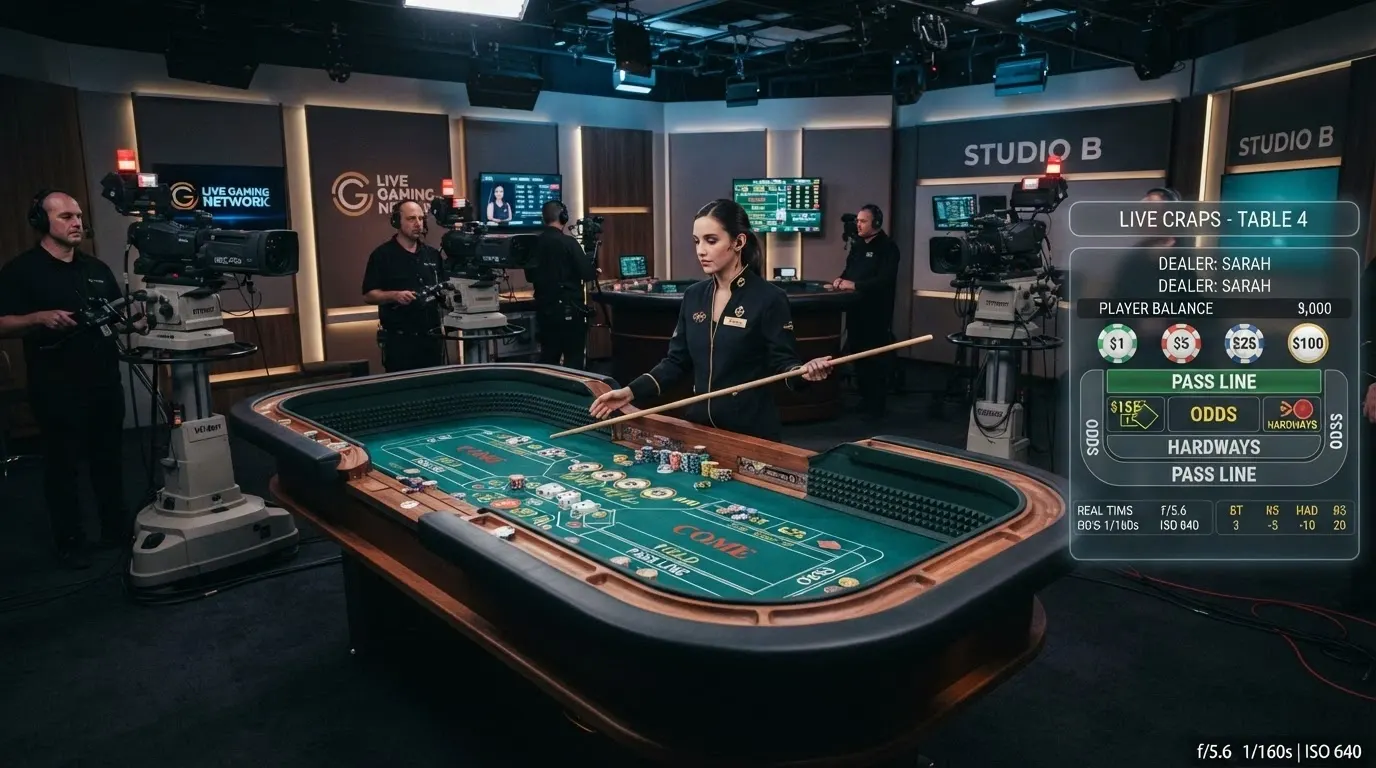 A wide shot of a casino studio with a live dealer standing at a full craps table, multiple cameras positioned around it and a player betting interface overlaid on the screen