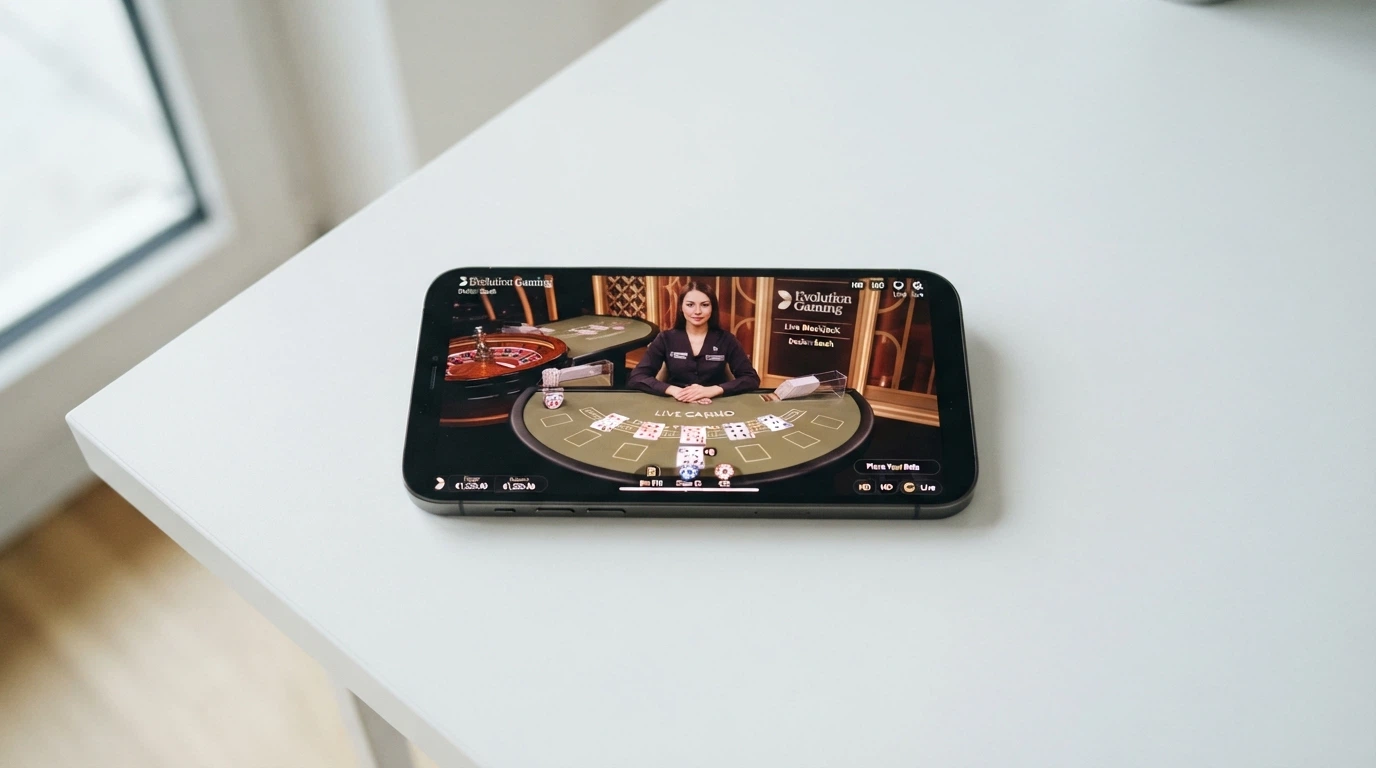 An iPhone screen showing a live blackjack or roulette table stream with a real dealer visible and card values clear