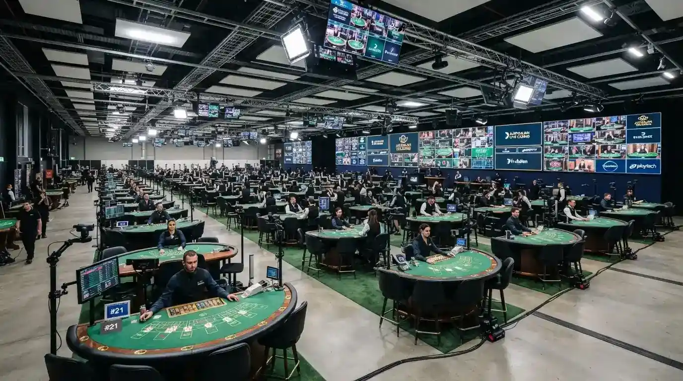 A wide shot of a live casino studio floor with multiple dealer tables, cameras and production equipment visible