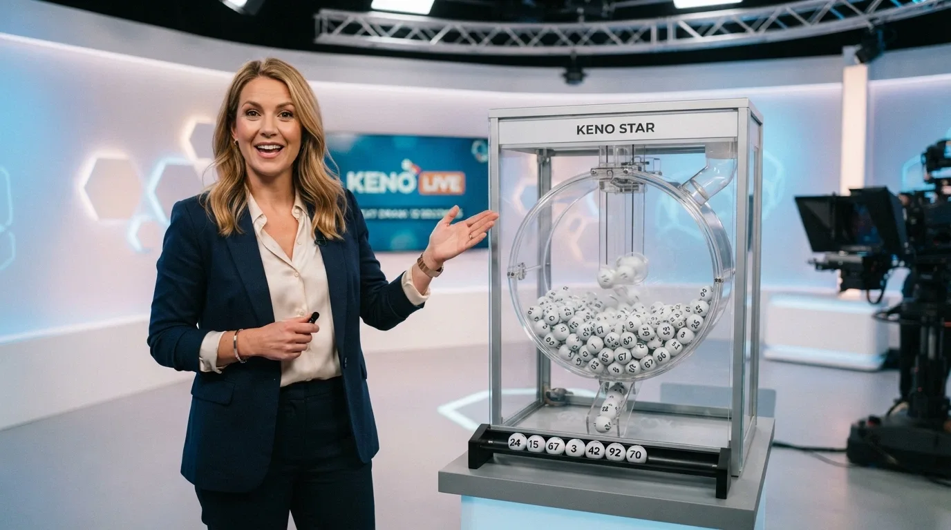 A live dealer keno studio with a presenter standing beside a keno ball machine