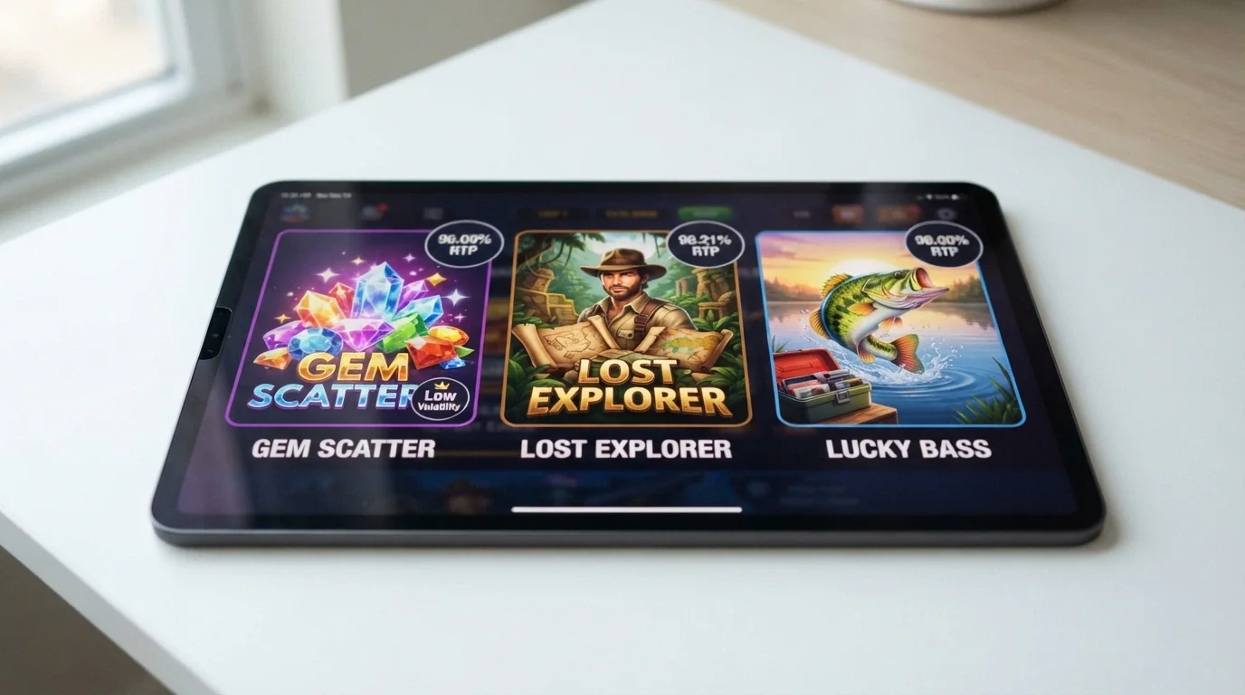 A side-by-side display of three popular online pokies title screens — Starburst, Book of Dead and Big Bass Bonanza — with their RTP percentages overlaid as small badges