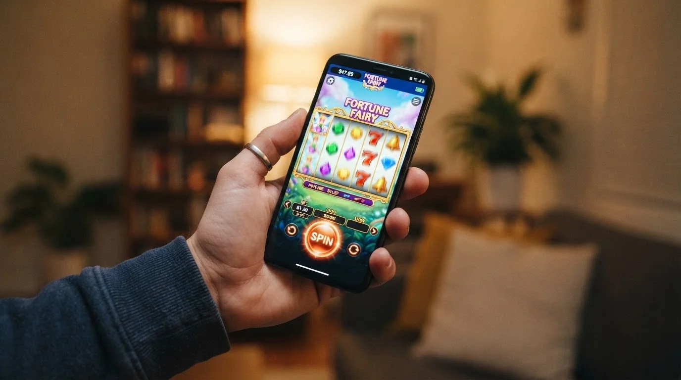 A smartphone showing a colourful online pokie game screen with a small balance counter visible in the corner and the spin button prominent