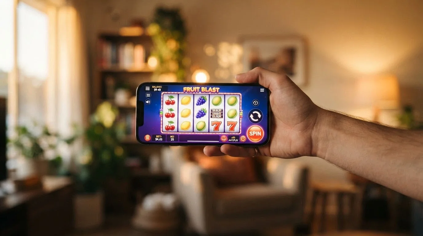 A smartphone in landscape orientation displaying a colourful online pokie with fruit symbols, a spin button and a balance of $9.40 showing