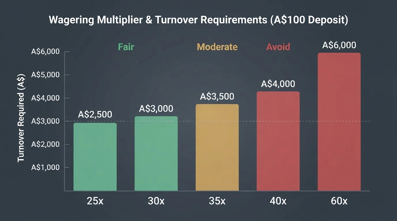 A bar chart ranking wagering multipliers from 25x to 60x, with a shaded “fair” zone between 25x and 35x and a red “avoid” zone from 50x upwards