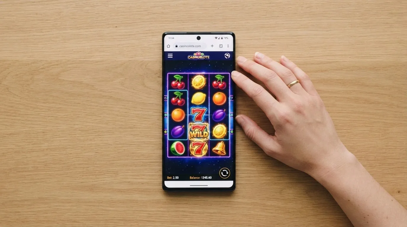 A hand holding a mobile phone with a 1Spin4Win slot loaded in a mobile browser