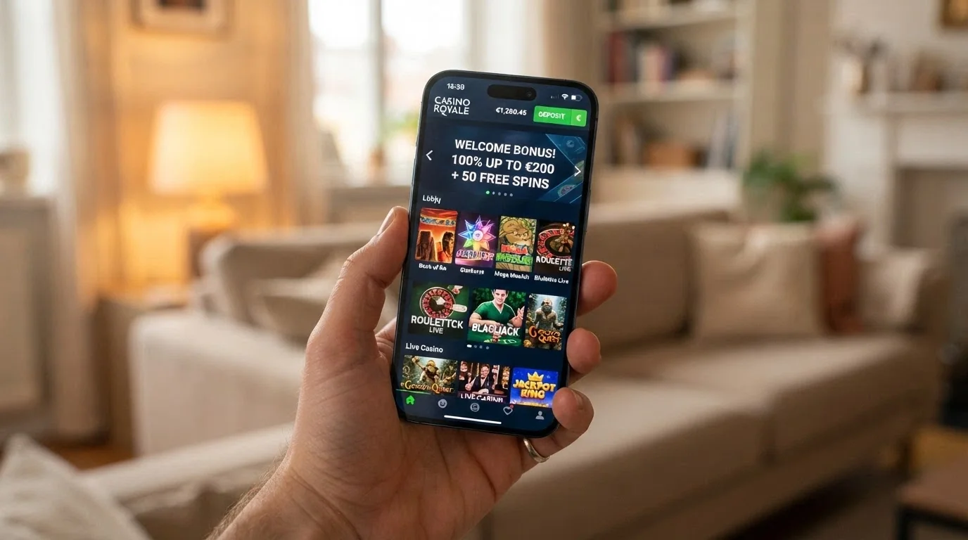 A smartphone displaying a casino lobby optimised for mobile, with a cryptocurrency deposit prompt on screen