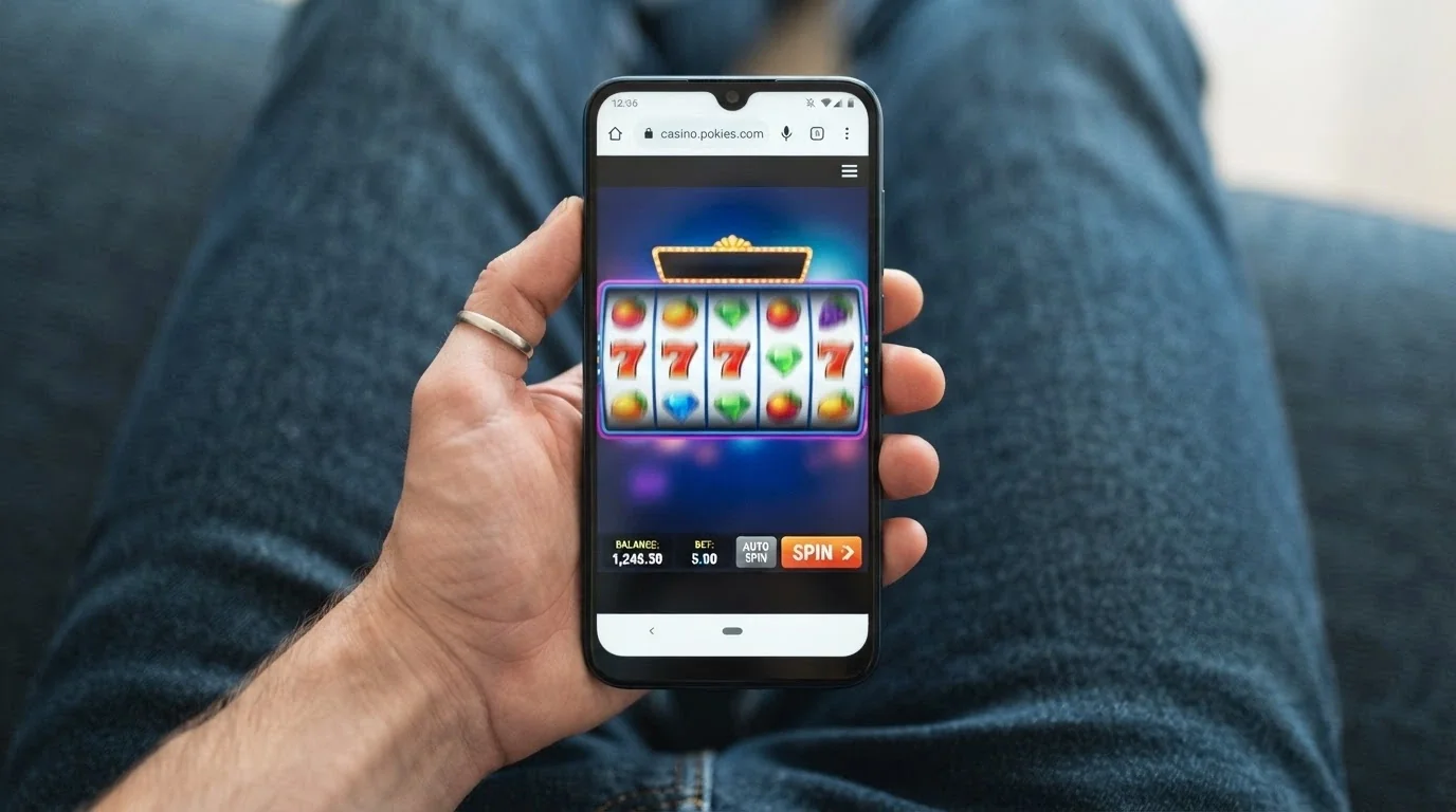 A hand holding a smartphone with an online pokies game running in a mobile browser, no app icon visible