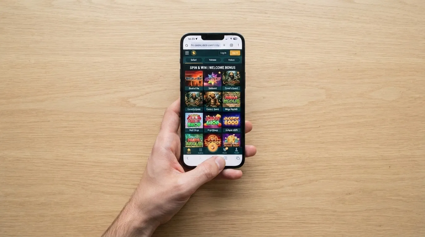 A hand holding a smartphone with a casino website interface showing slot games on screen, accessed through a mobile browser rather than an app store icon