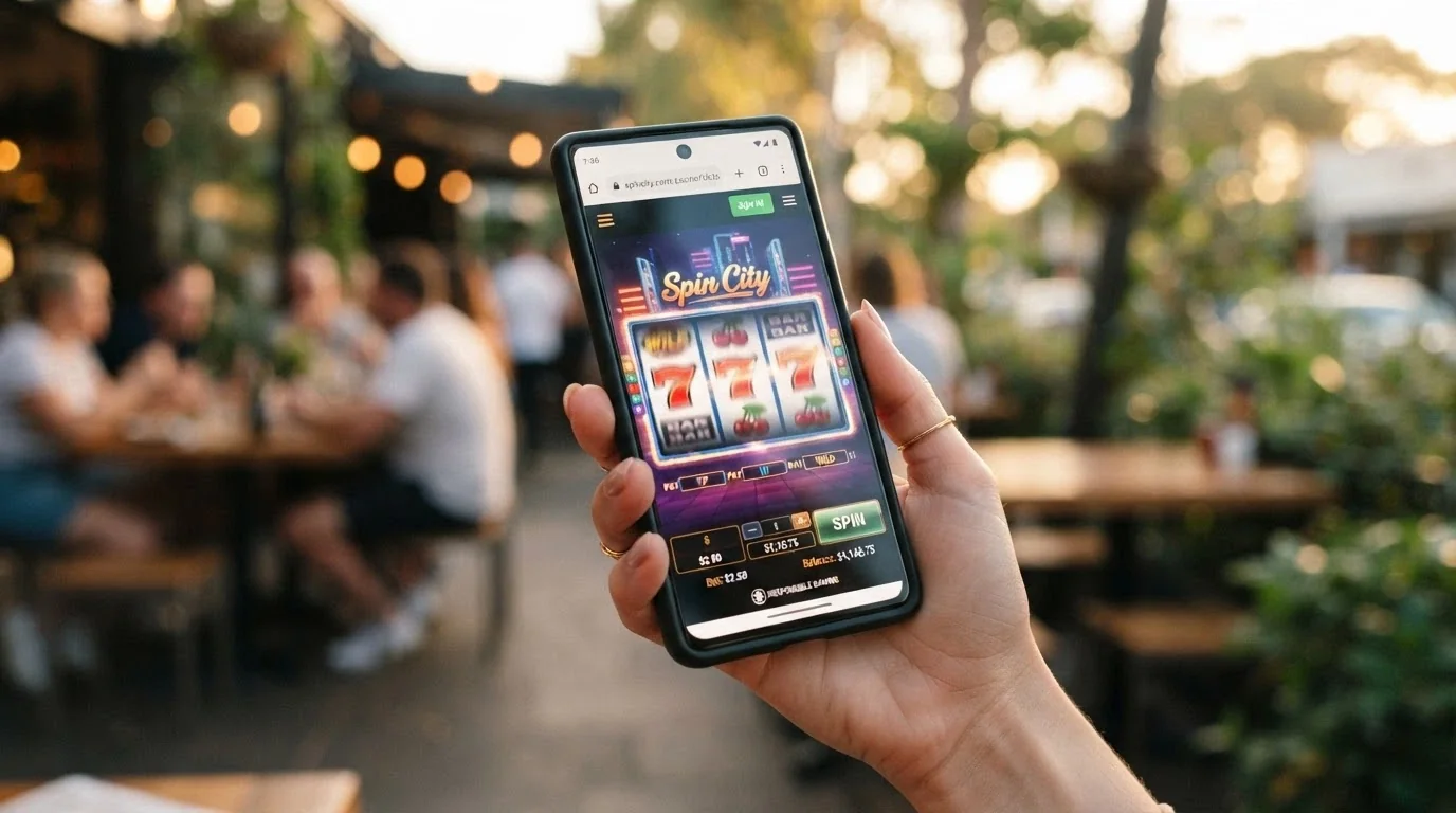A smartphone in hand showing an online casino game running in a mobile browser