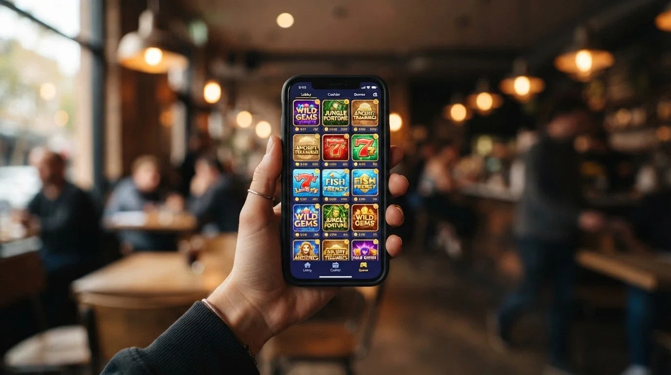 A person's hand holding a smartphone showing an online casino lobby grid of pokie thumbnails against a blurred café background