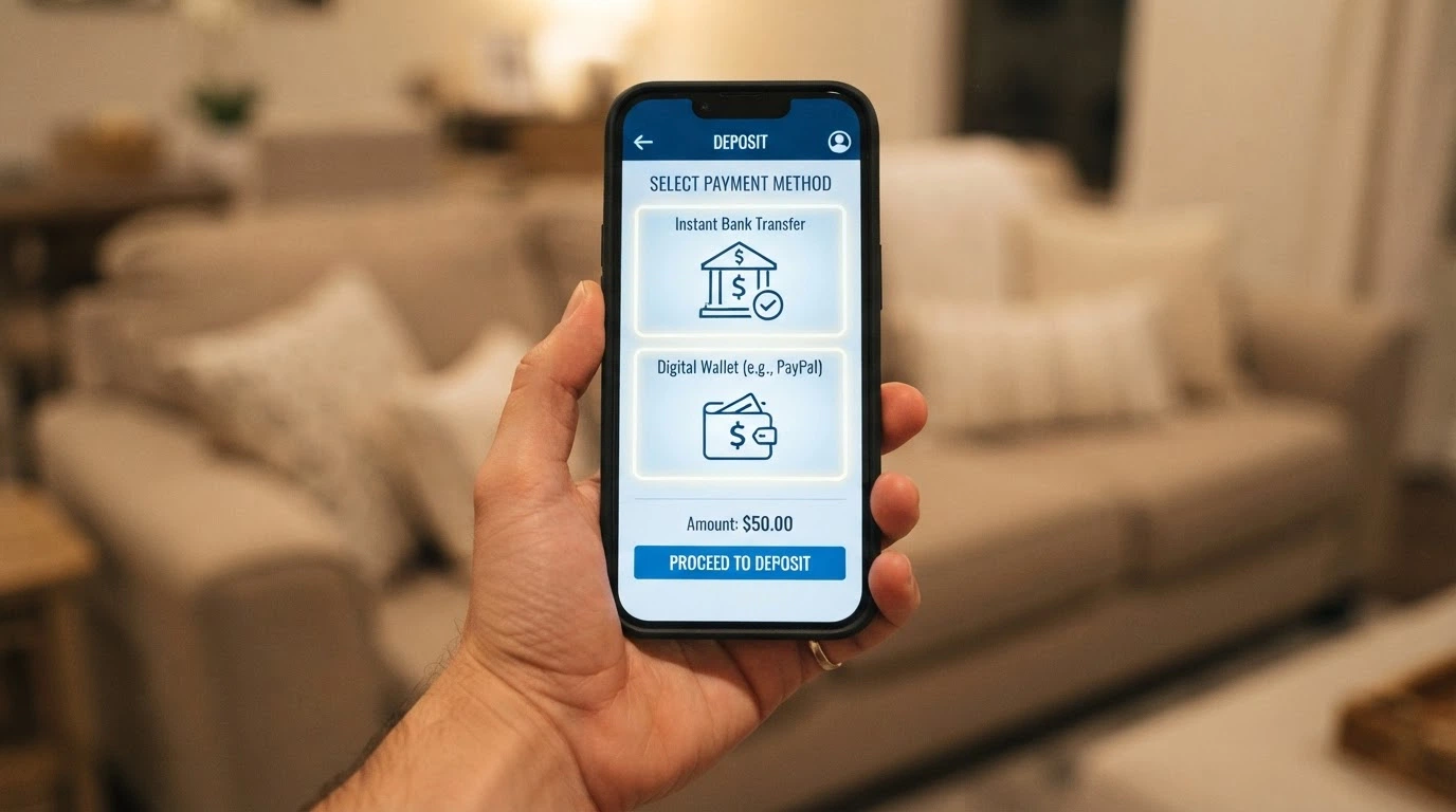 A hand holding a smartphone with a casino deposit screen open, showing PayID and crypto as the two highlighted payment options