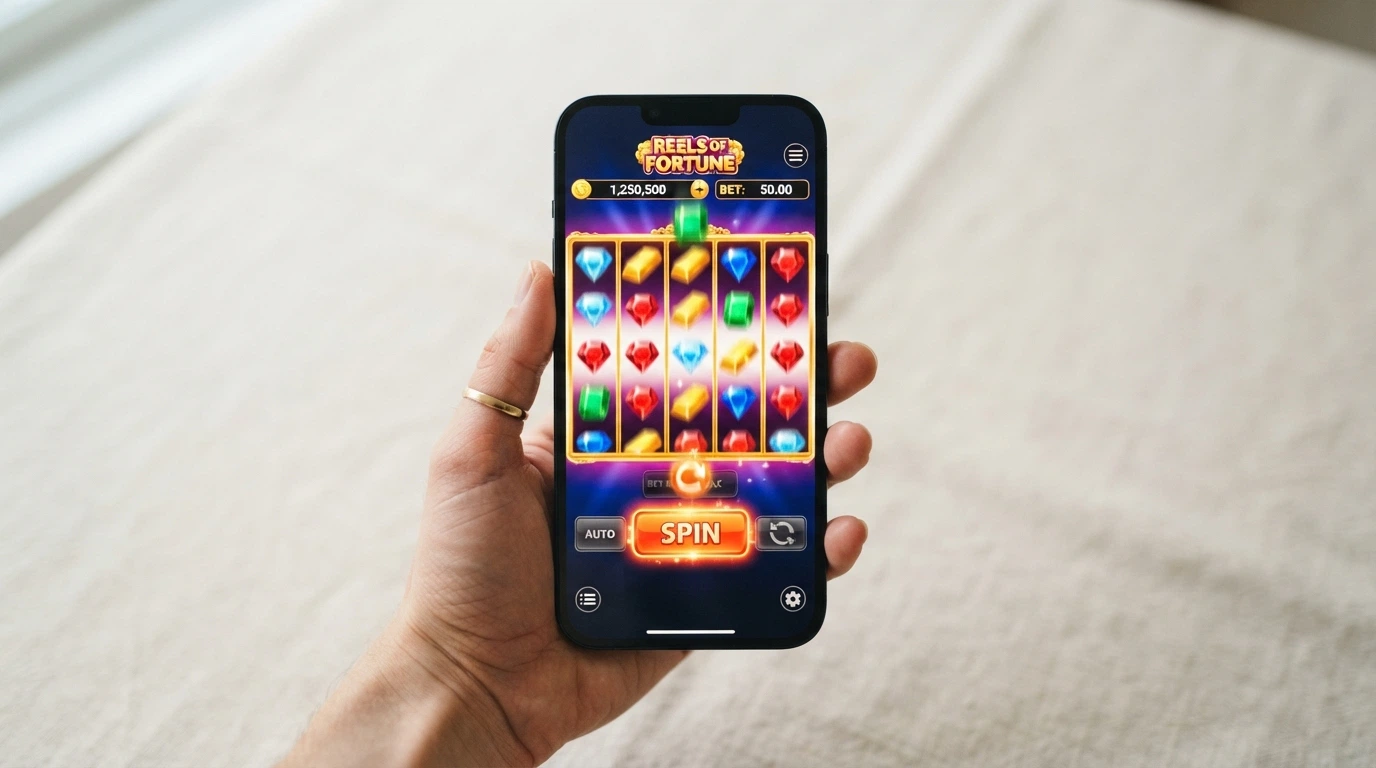 A hand holding a smartphone with a casino game interface visible, set against a neutral background