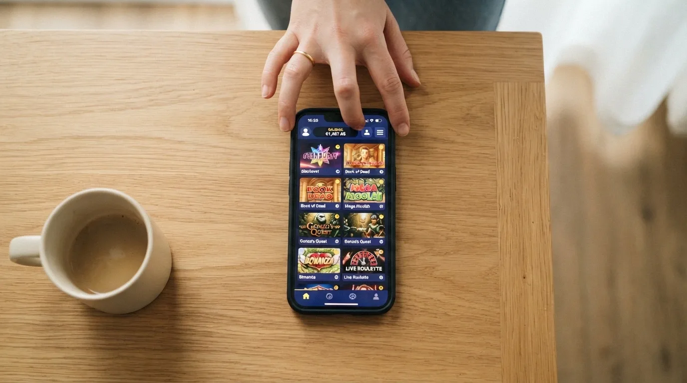 A hand holding a smartphone with a casino game lobby open, showing game thumbnails and a small account balance displayed at the top