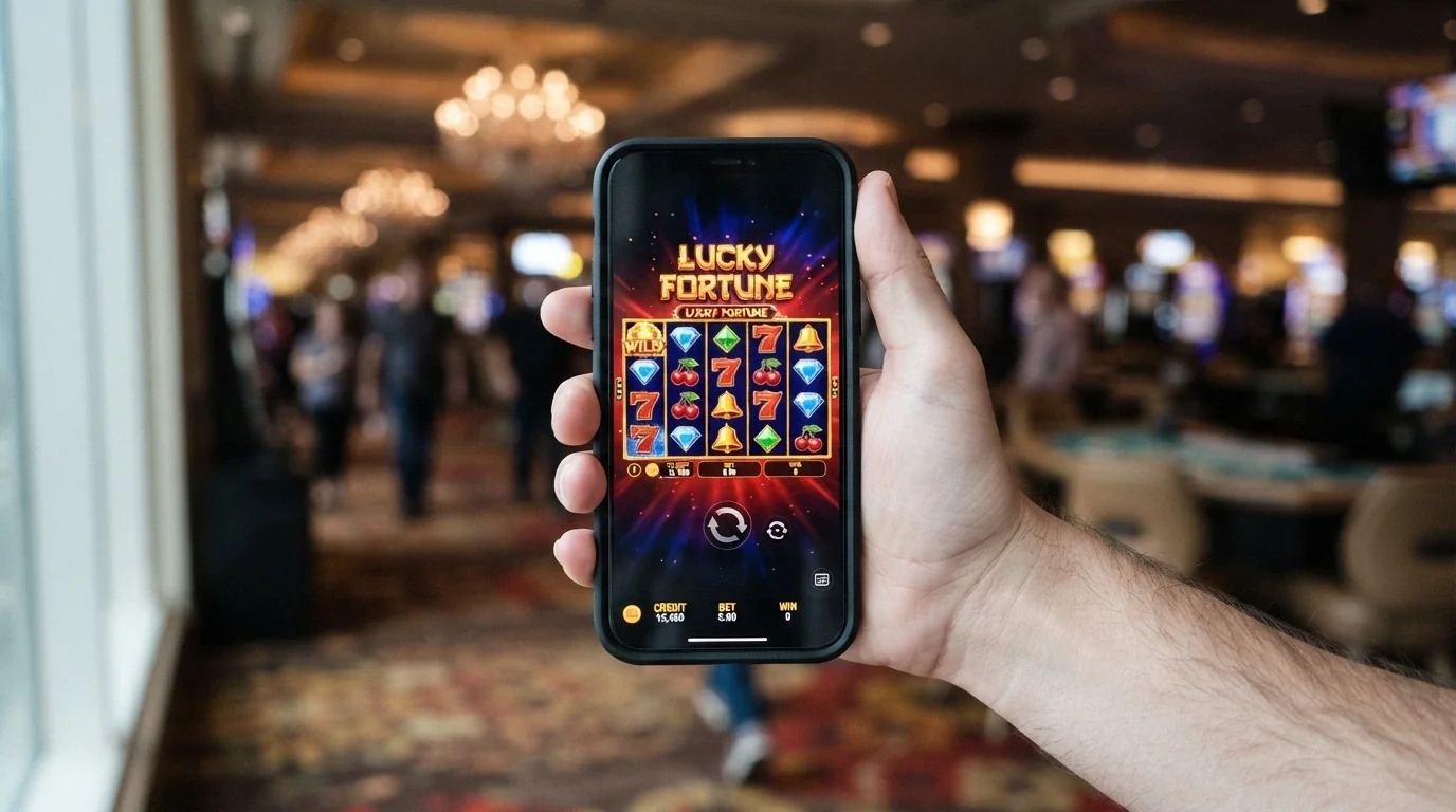 A hand holding a smartphone in portrait mode with a pokie game on screen and the casino lobby blurred in the background