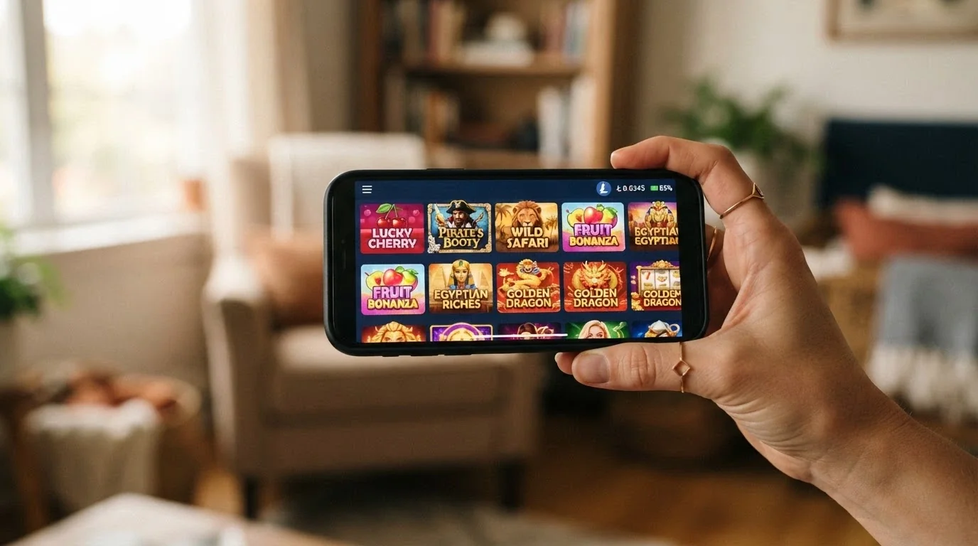 A hand holding a smartphone in landscape mode displaying a mobile casino game lobby with Litecoin branding