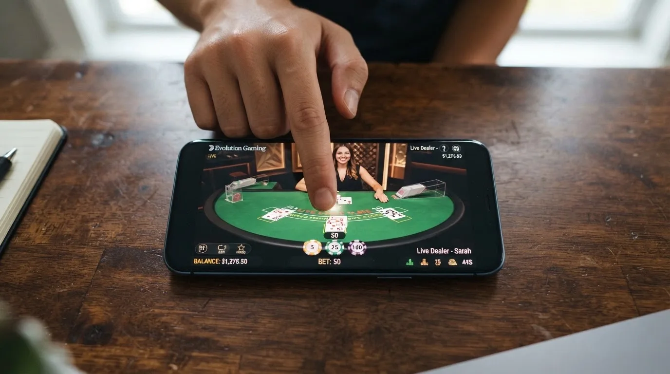 A smartphone held in landscape orientation displaying a live blackjack table with the betting interface and chip tray visible