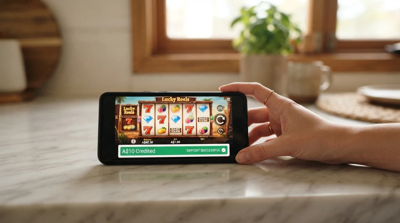 A hand holding a smartphone in landscape orientation displaying a pokies game with a small deposit-confirmation notification showing A$10 credited
