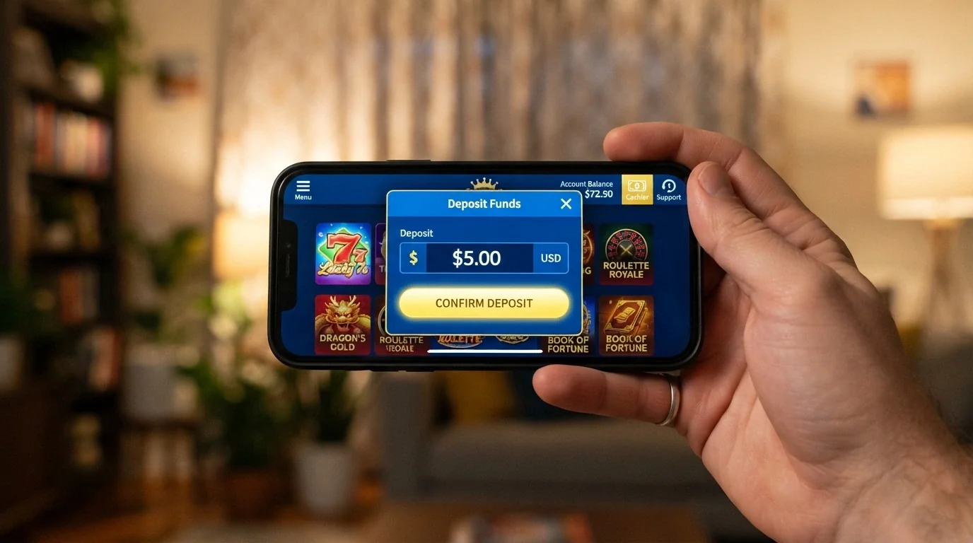 A hand holding a smartphone in landscape orientation showing a pokies game with the deposit screen overlaid and a $5 amount entered