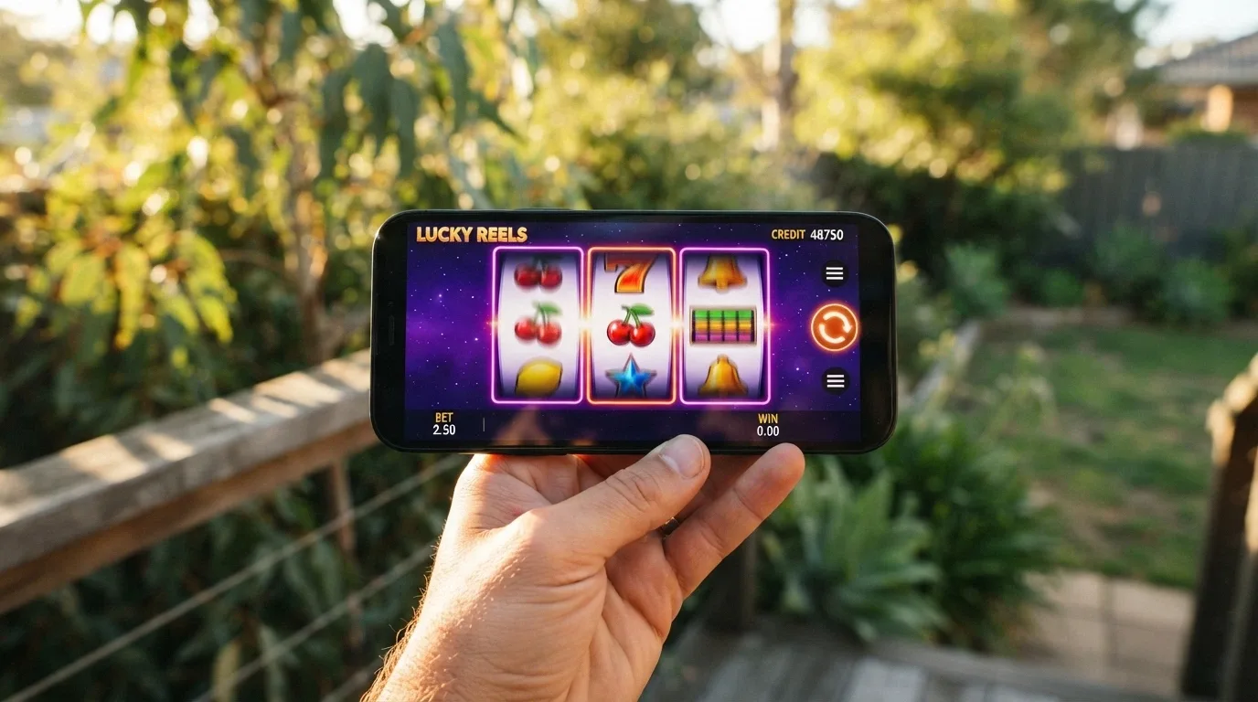 A person's hand holding a phone in landscape mode with a pokies game on screen, in an everyday Australian setting