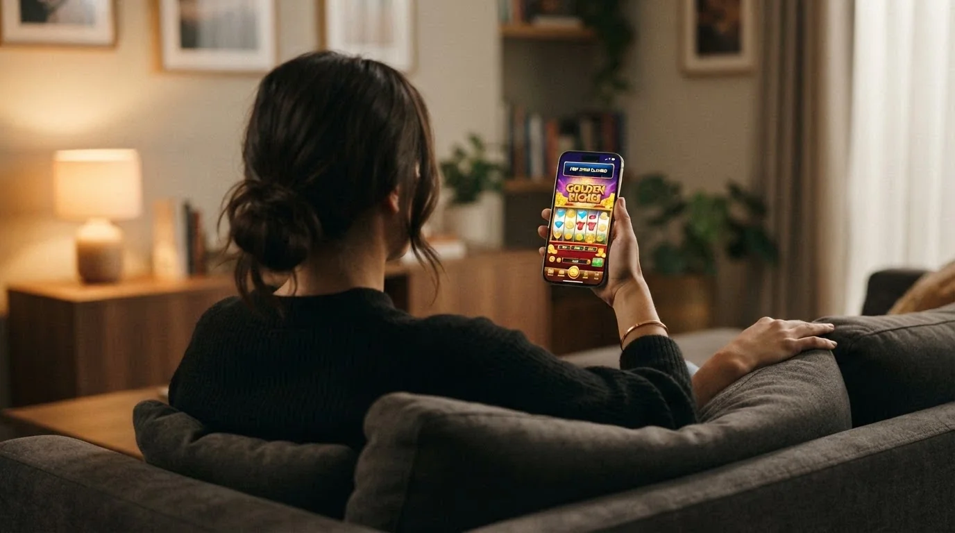 A hand holding a smartphone in landscape orientation showing a pokies game running in a mobile browser, with a “Free Spins Claimed” notification