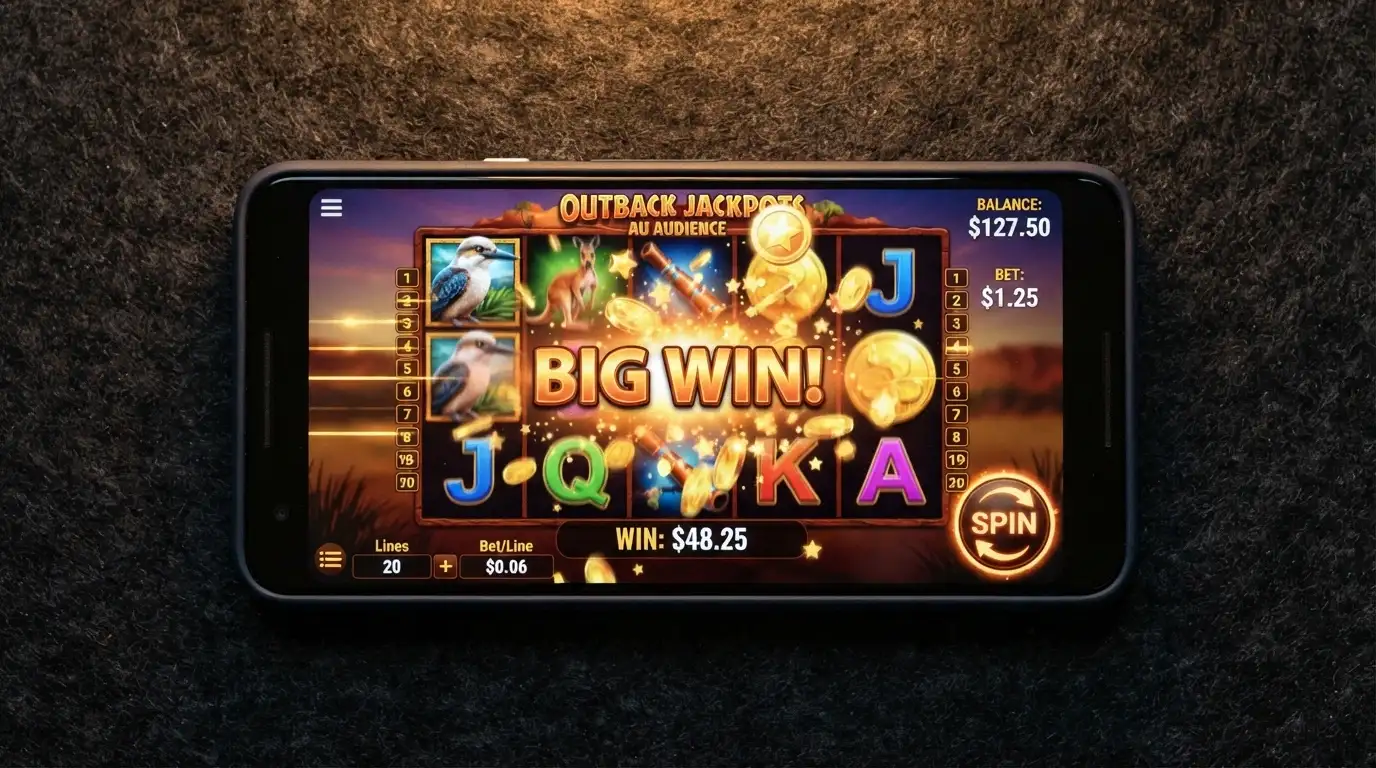 A phone in landscape orientation running a colourful online pokie with touch-friendly spin button, win animation mid-celebration, and an AUD balance displayed